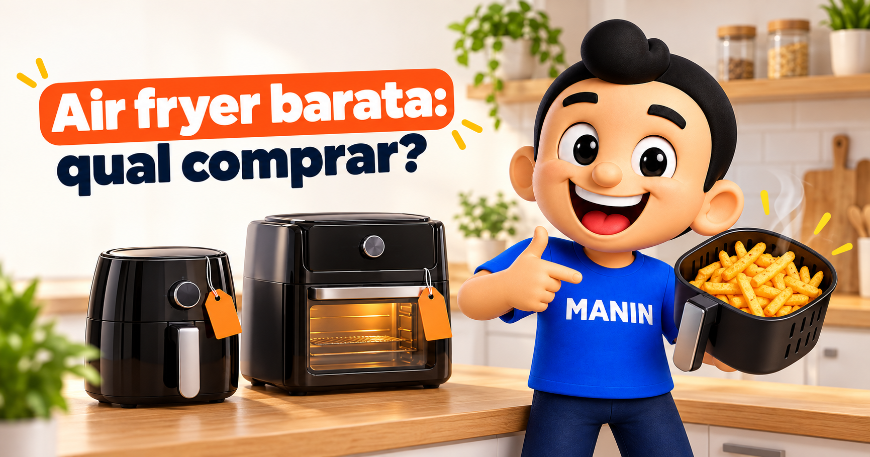 Manin, mascote do Tá barato, mano!, segurando uma cesta de air fryer com batatas fritas ao lado de dois modelos de air fryer.
