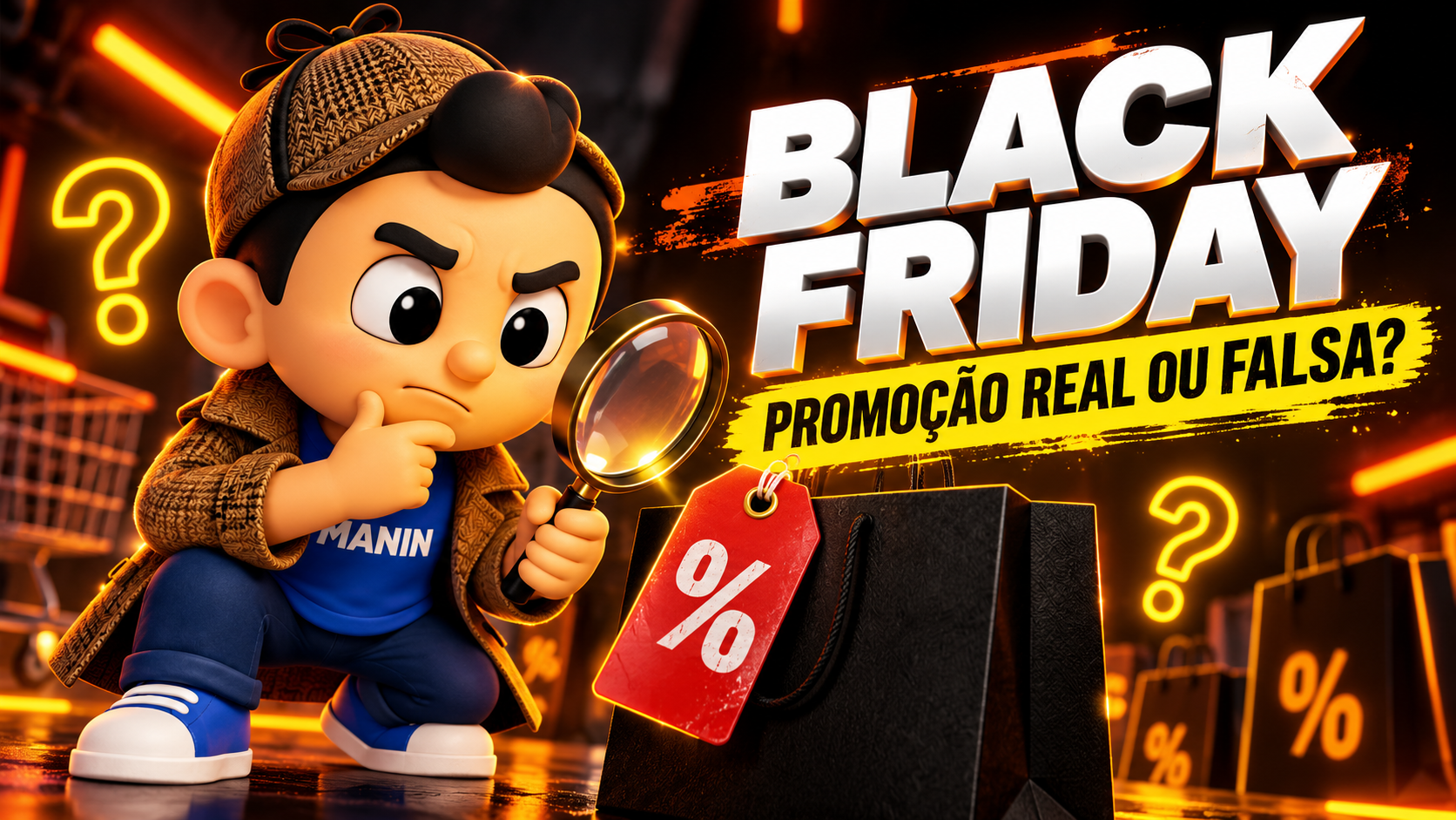 Mascote Manin com uma lupa investigando a etiqueta de preço de uma sacola de Black Friday