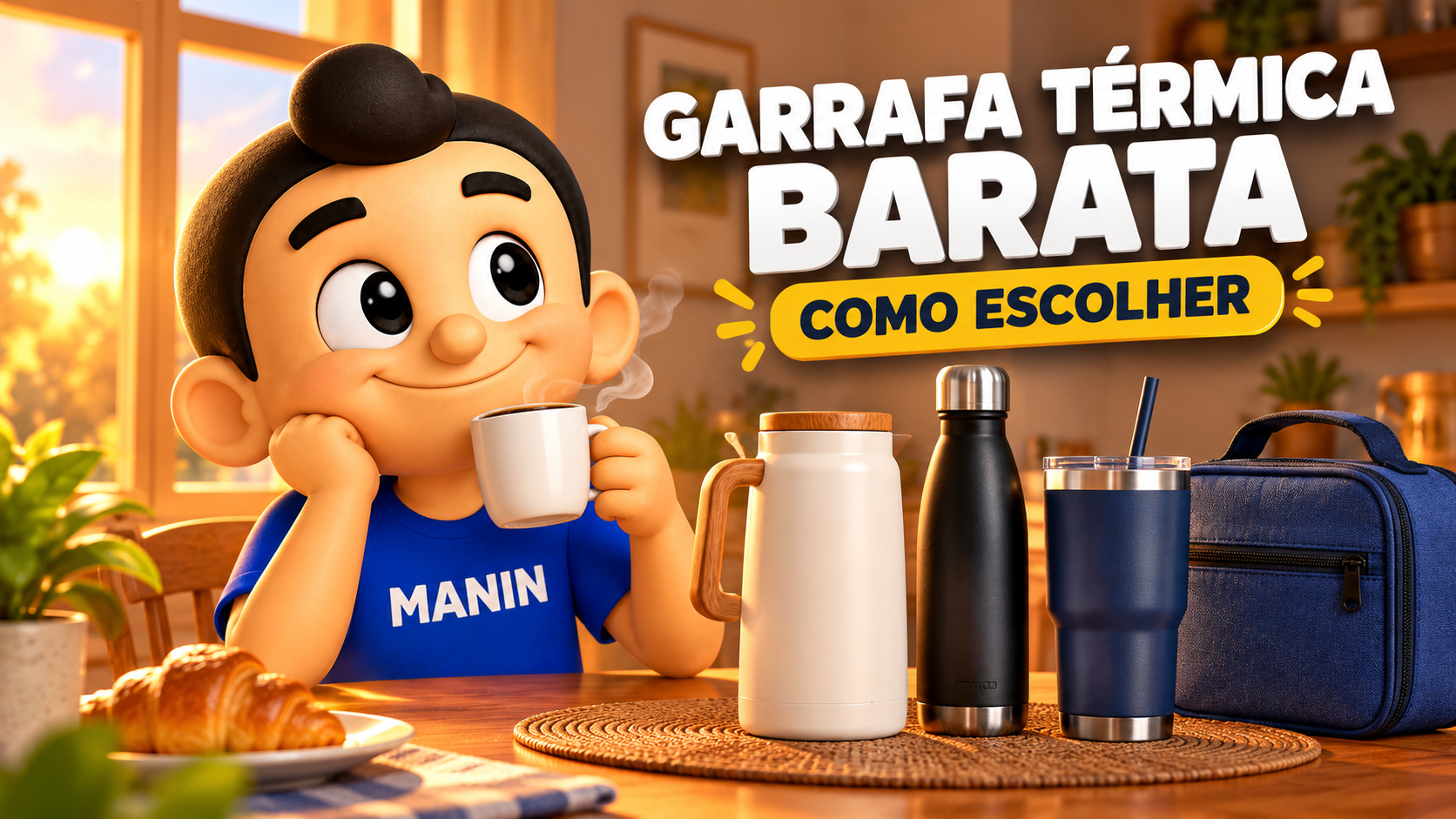 Mascote Manin tomando café ao lado de garrafa térmica, squeeze, copo térmico e bolsa térmica