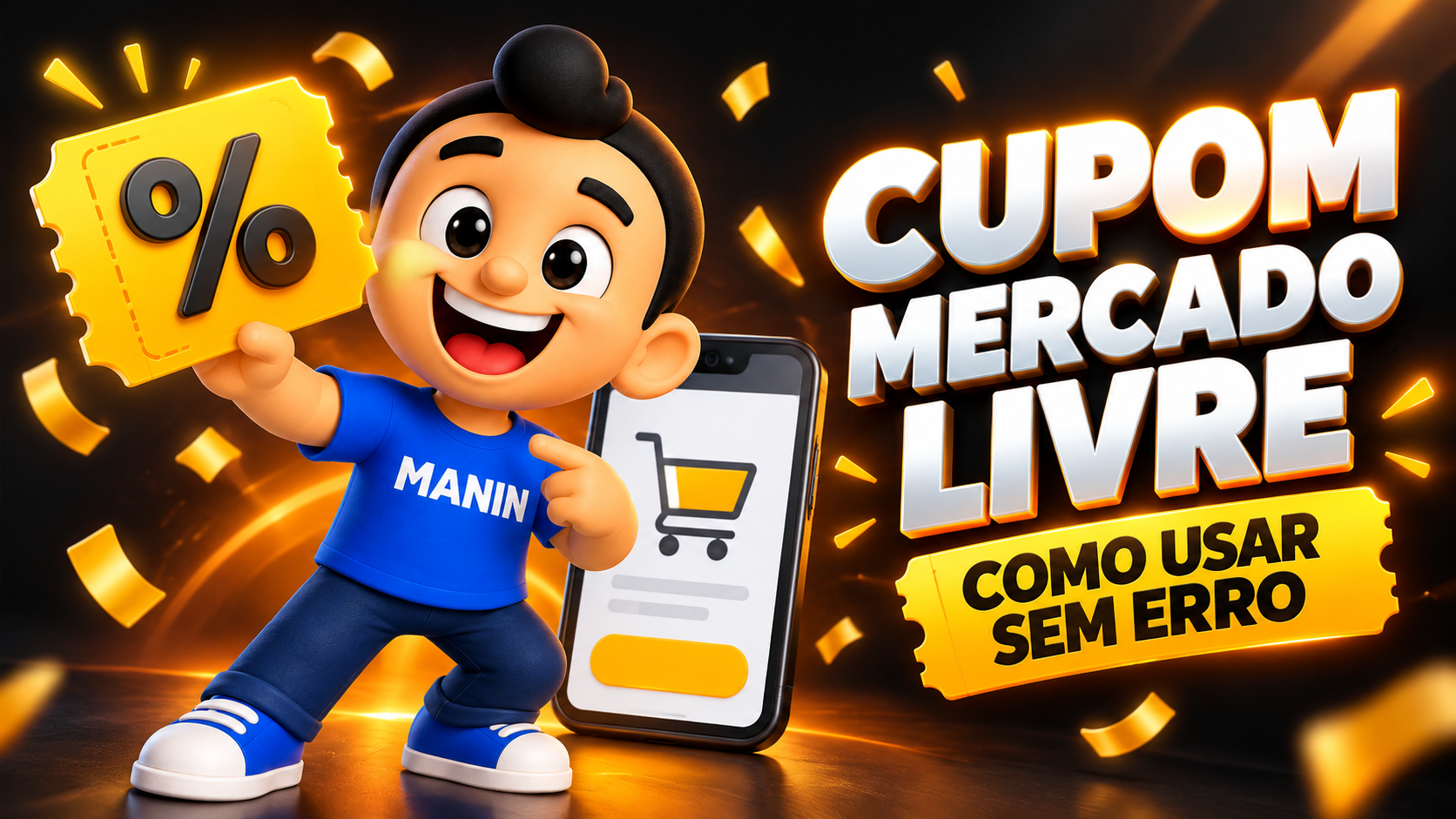 Mascote Manin segurando um cupom de desconto gigante, com o texto “Cupom Mercado Livre: como usar sem erro”