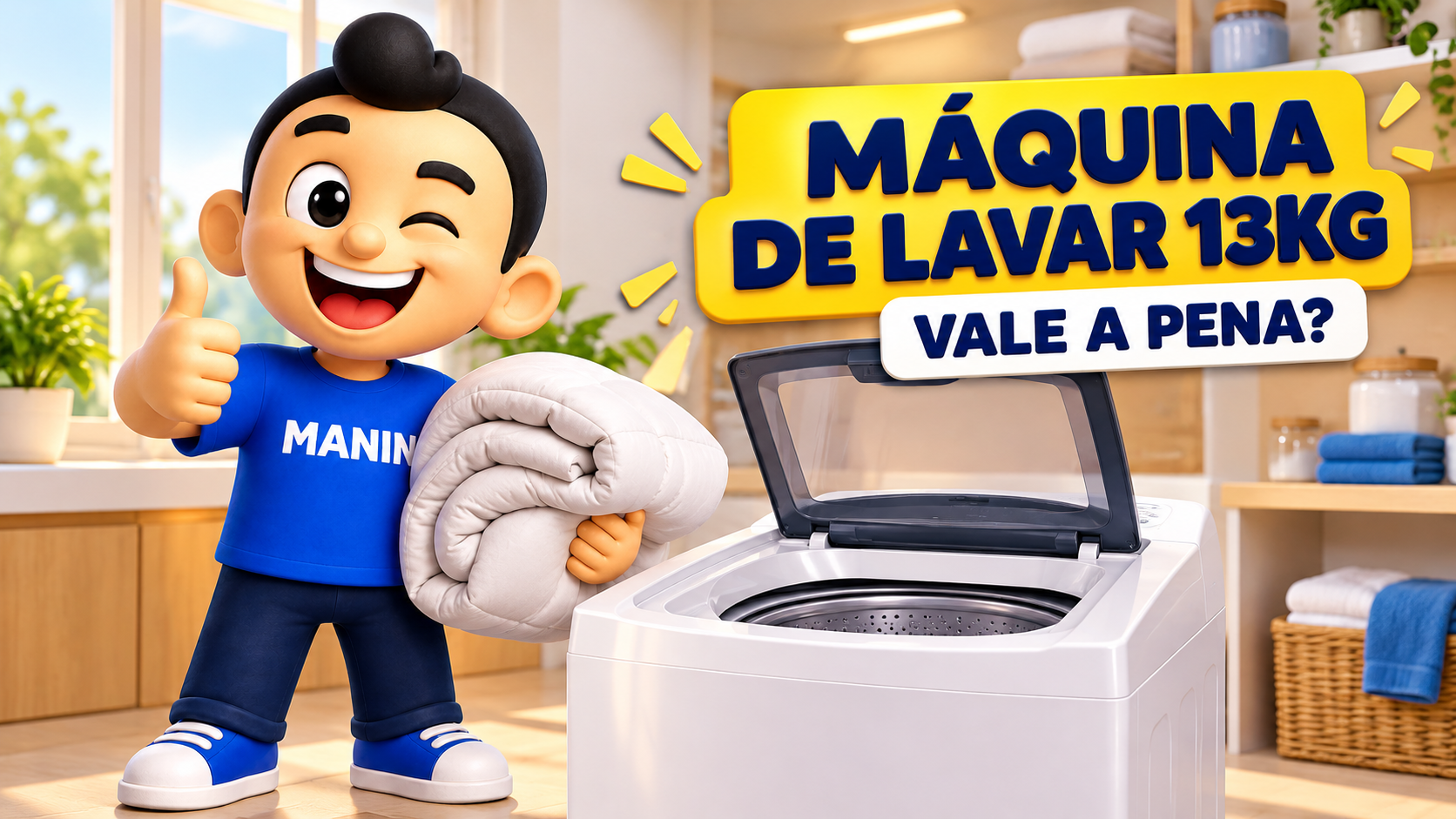 Mascote Manin fazendo joinha ao lado de uma máquina de lavar branca, segurando um edredom dobrado