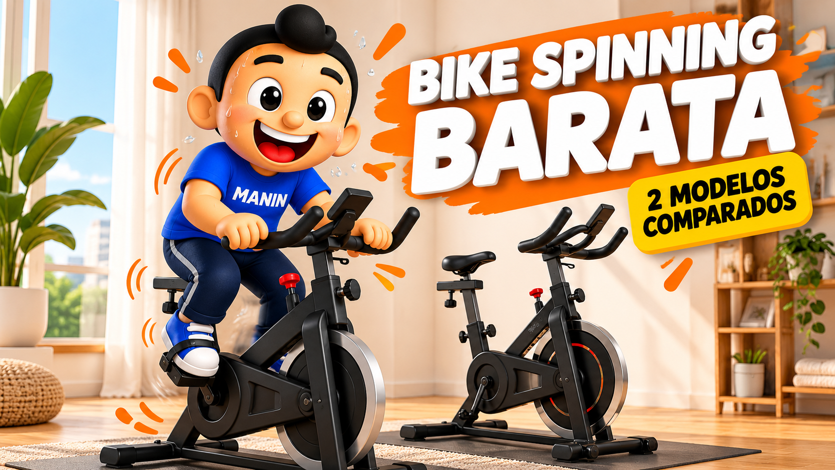 Mascote Manin pedalando uma bicicleta spinning ao lado de outro modelo, com o texto “Bike spinning barata: 2 modelos comparados”