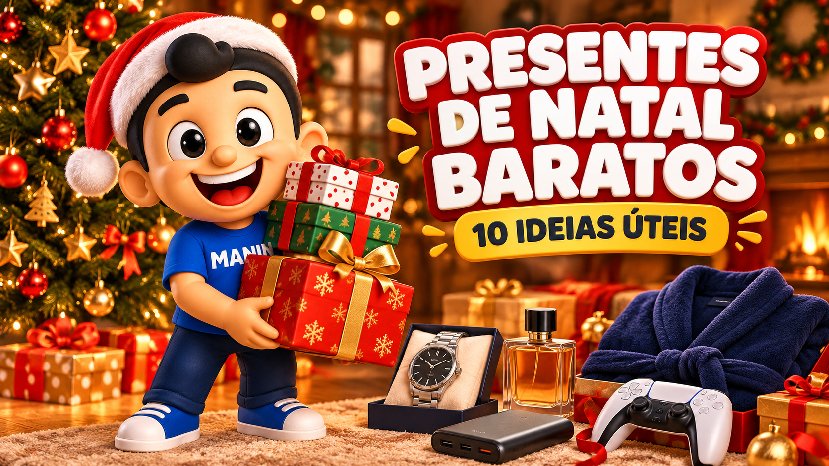 Mascote Manin com gorro de Papai Noel carregando presentes embaixo de uma árvore de Natal