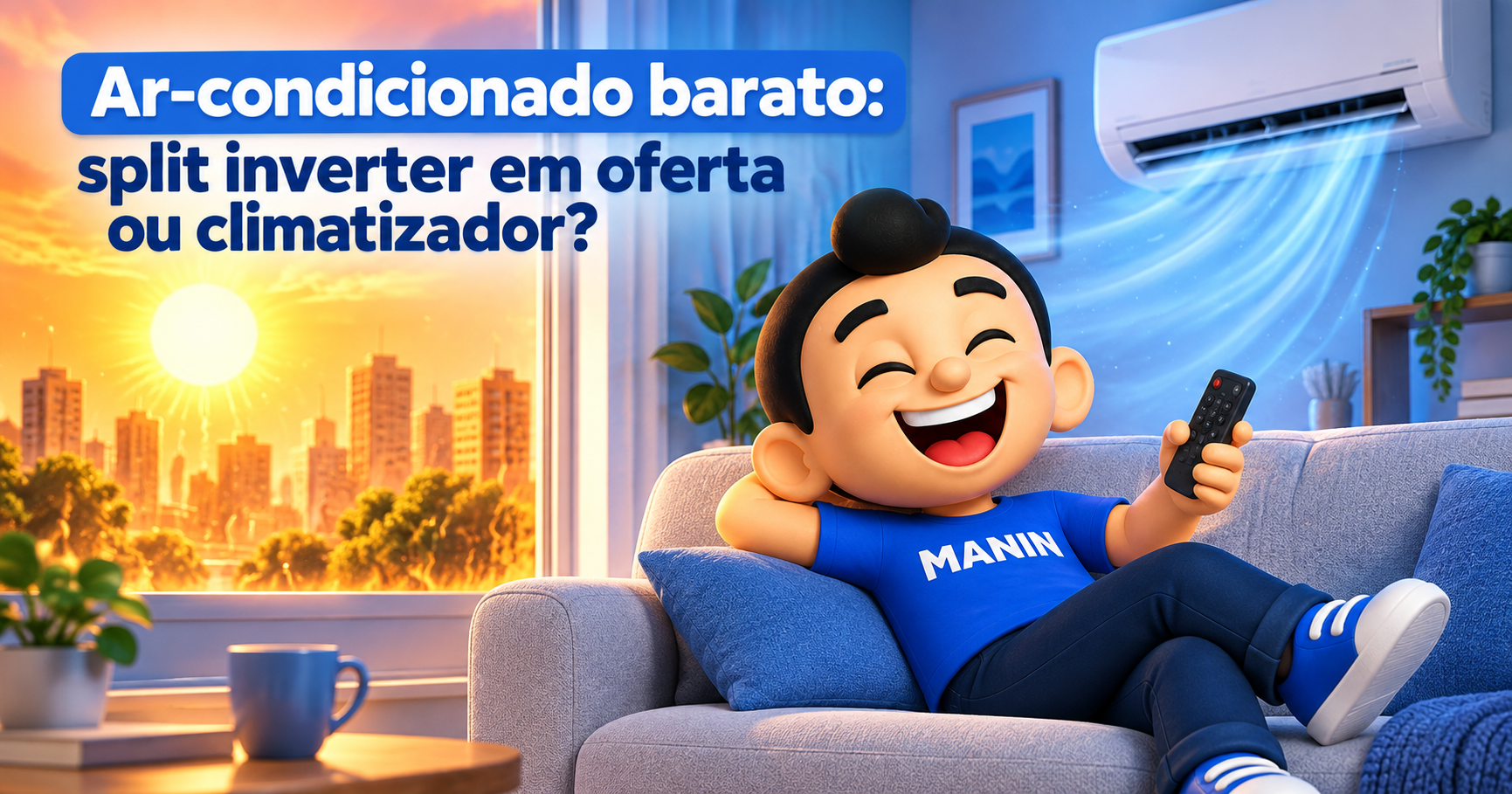 Manin, mascote do Tá barato, mano!, relaxando no sofá sob o vento frio de um ar-condicionado split enquanto faz calor do lado de fora.