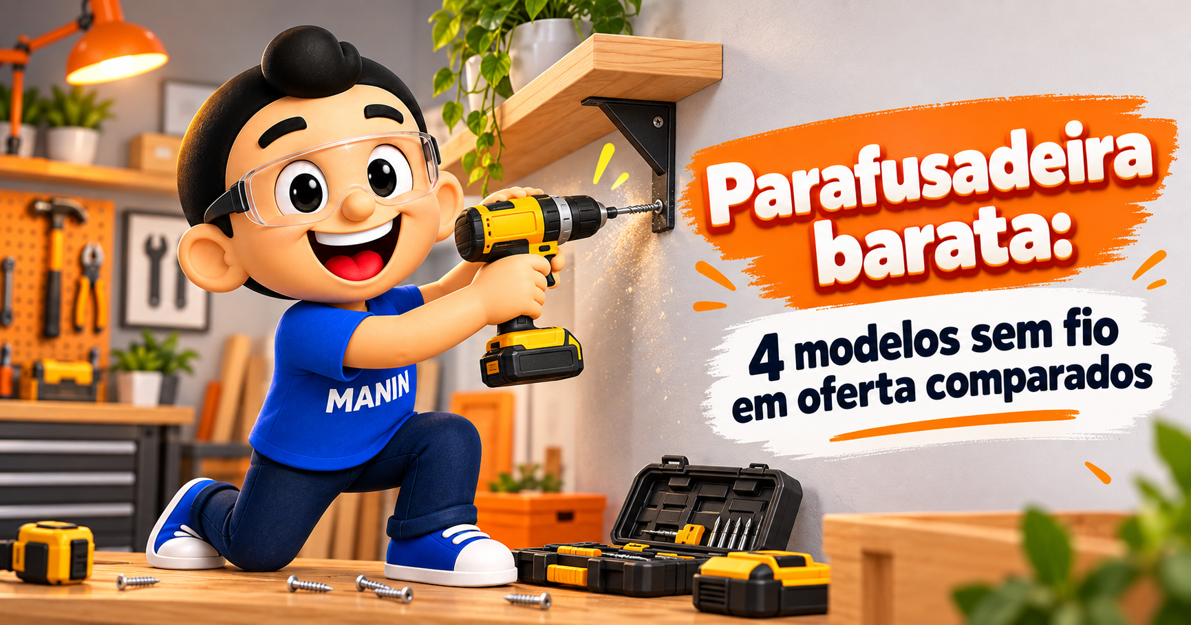 Manin, mascote do Tá barato, mano!, de óculos de proteção, usando uma parafusadeira sem fio para montar uma prateleira.
