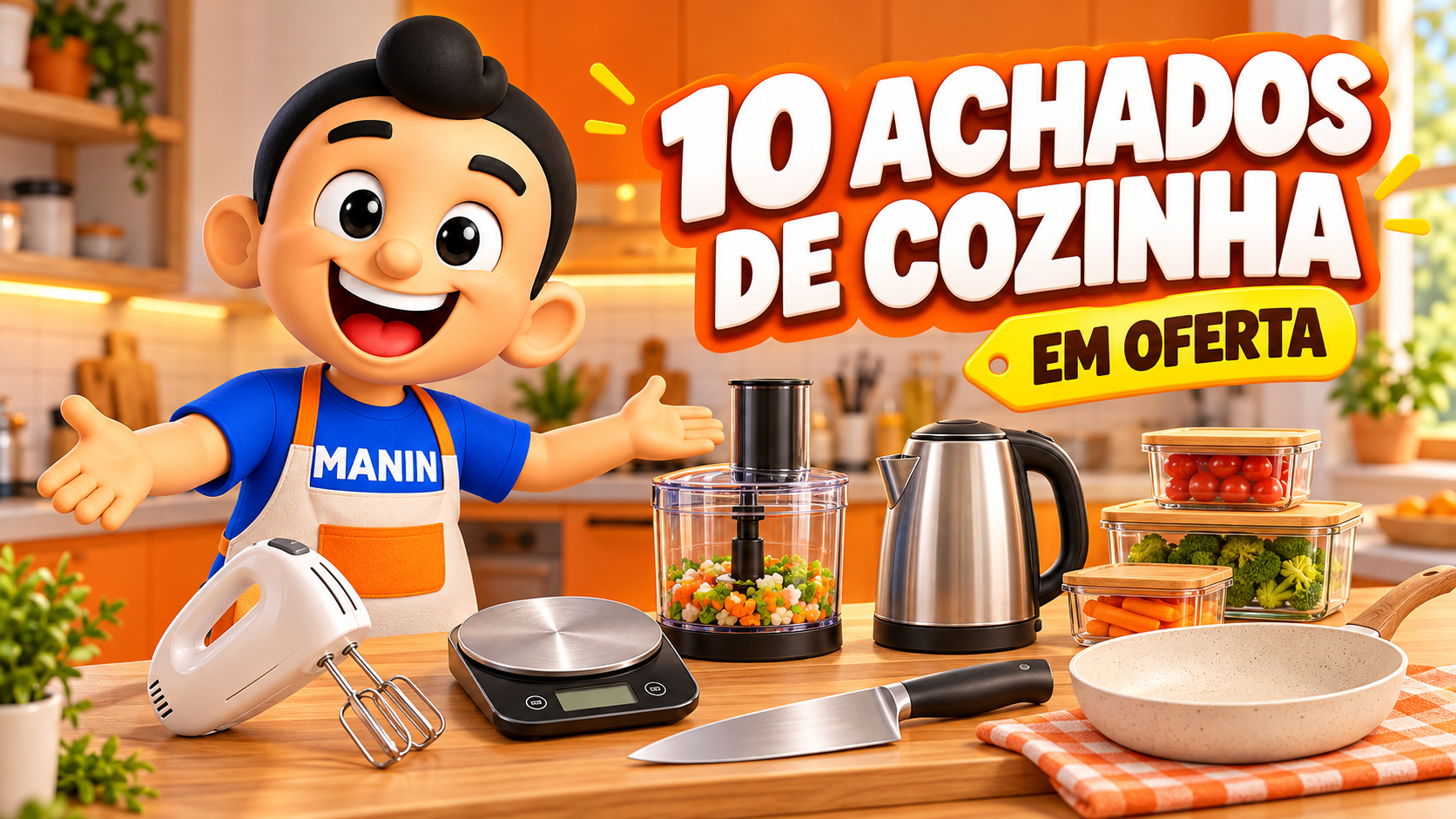Mascote Manin de avental apresentando utensílios de cozinha em oferta sobre uma bancada
