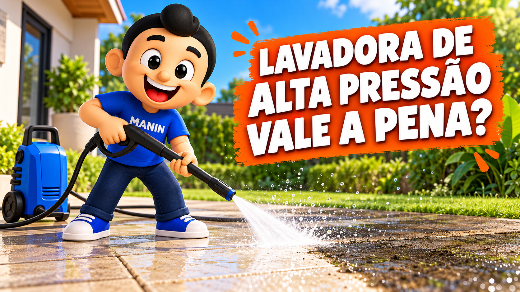 Mascote Manin limpando uma calçada com uma lavadora de alta pressão azul